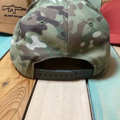 Lot of 3 Men’s Tactical Hats – Black On Ammo Trucker, Camo Hook & Loop Patch Cap & Zapped Gunny Red Sword Shield Cap