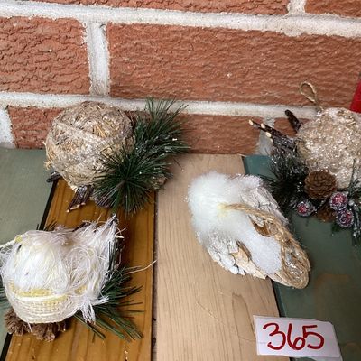 Rustic Bristle Owl and Bird Christmas Ornaments - Set of 4