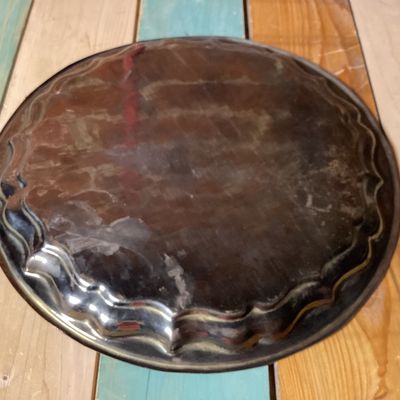 Vintage Etched Brass and Black Round Serving Tray