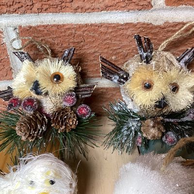 Rustic Bristle Owl and Bird Christmas Ornaments - Set of 4