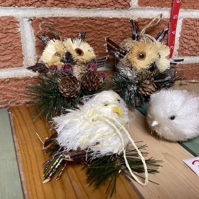 Rustic Bristle Owl and Bird Christmas Ornaments - Set of 4