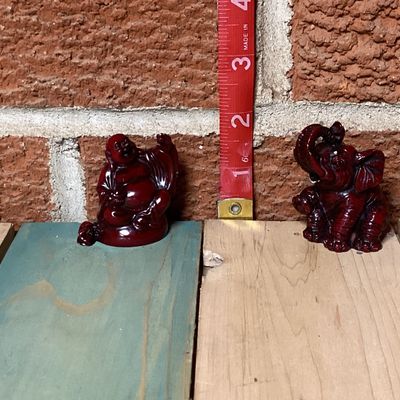 Vintage Red Faux Cinnabar Laughing Buddha & Elephant Figurines