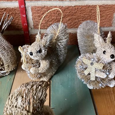 Rustic Sisal Squirrel and Snowman Holiday Ornaments - Set of 5
