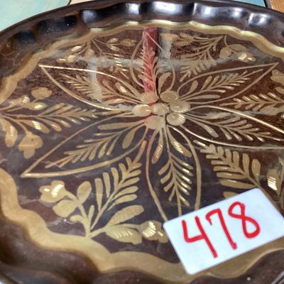 Vintage Etched Brass and Black Round Serving Tray