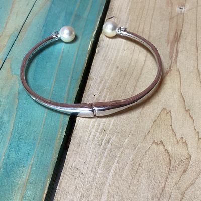 Danori Silver-Tone Faux Pearl & Crystal Hinged Cuff Bracelet