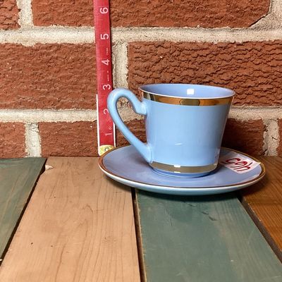 DaySpring Light Blue Ceramic Teacup and Saucer Set with Gold Trim
