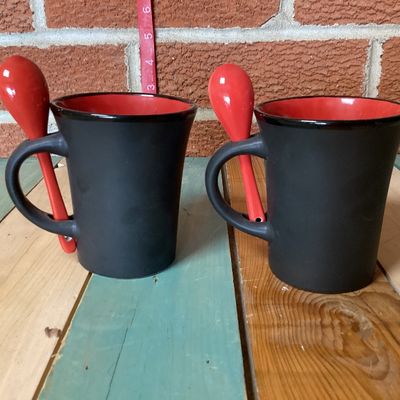 Pair of Team Raider LHD8 Matte Black & Red Ceramic Mugs with Spoons