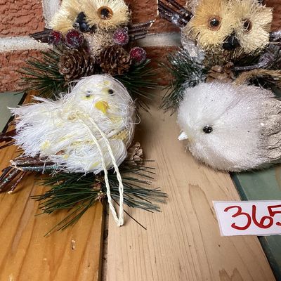 Rustic Bristle Owl and Bird Christmas Ornaments - Set of 4