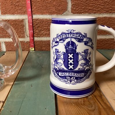 Heinen Delft Amsterdam Ceramic Beer Stein & Clear Glass Mug