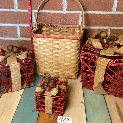 Longaberger Basket and Red Twig Christmas Gift Box Decor Set