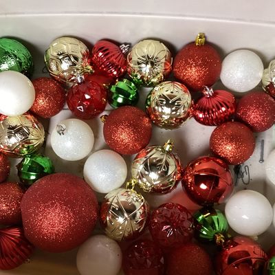 Assorted Red, Green, and White Christmas Ornaments