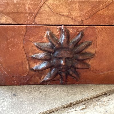 Vintage Tooled Leather Sun Motif Wooden Trunk