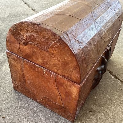 Vintage Tooled Leather Sun Motif Wooden Trunk