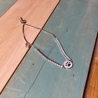 Silver-Tone CZ Paw Print Bolo Bracelet