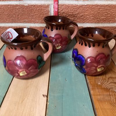 Vintage Mexican Hand-Painted Clay Mugs - Set of 3