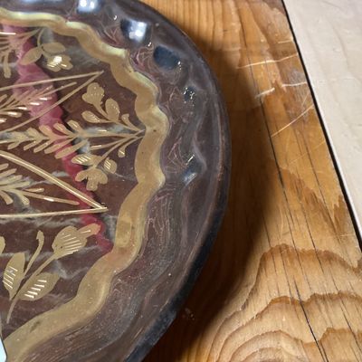 Vintage Etched Brass and Black Round Serving Tray