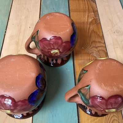 Vintage Mexican Hand-Painted Clay Mugs - Set of 3