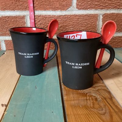 Pair of Team Raider LHD8 Matte Black & Red Ceramic Mugs with Spoons
