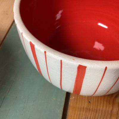 Set of 6 Red and White Striped Ceramic Bowls