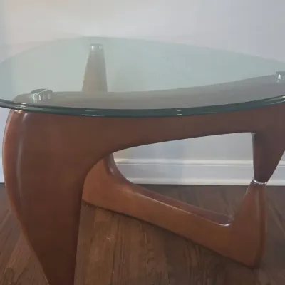 Noguchi-Style Glass-Top Wooden Side Table 
