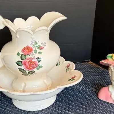Vintage Ceramic Pitcher & Wash Basin, Lady Head Vase