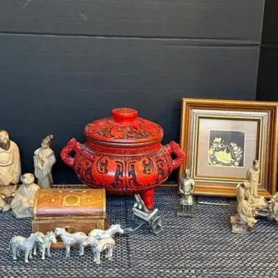 Asian Figurines, Incense, Burner, And Art