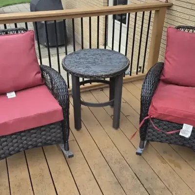 Pair Of Wicker Patio Chairs W/Cushions & Side Table
