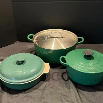 3 Green Le Creuset Dutch Ovens & Serving Piece