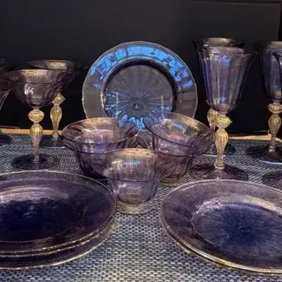 Set Of 5 Amethyst & Gold Venetian Glass: Wine & Champagne Glasses, Sherbert Bowls & Plates 