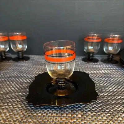 MCM Glasses & Saucers Set, Faces Chicago Ashtray