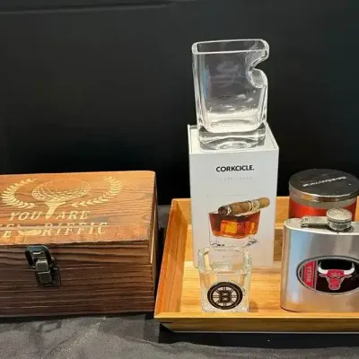 Barware: Glasses, Flask, Candle, Tray, Ice Bucket