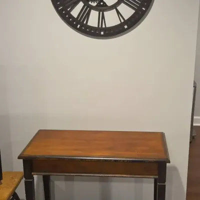 Tall Wood Side Table & Decorative Wall Clock