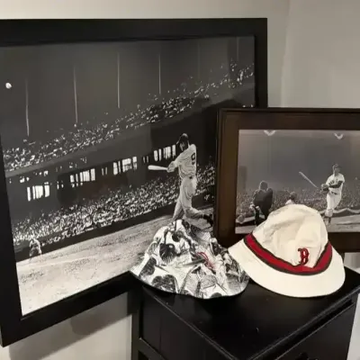 Red Sox: 2 Ted Williams Framed Photographs & 2 Bucket Hats