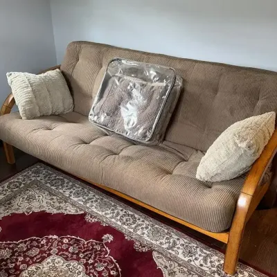 Wood & Corduroy-covered Cushion Futon W/ 2 Pillows & 2 Comforters