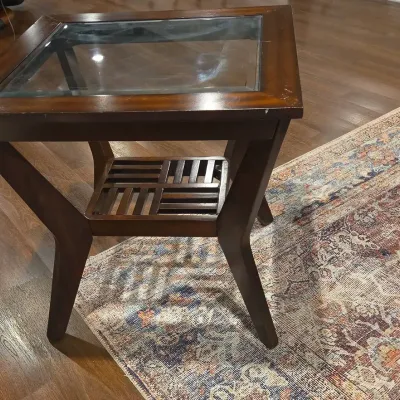 Glass-faced Wood Side Table W/ Decorative Rug