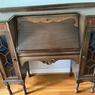 Antique Victorian Secretary Desk with Glass Fronted Bookcases on Each Side