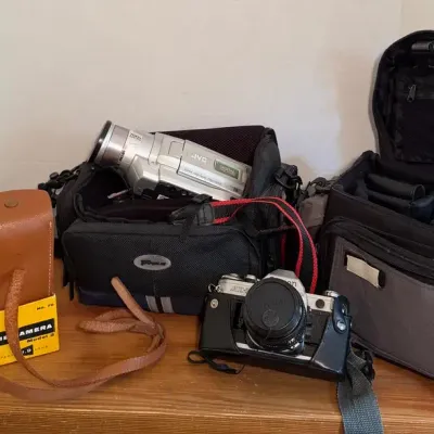 Collection Of Cameras - Canon, Camcorder, Kodak Brownie 8mm Movie Camera, Ansco 