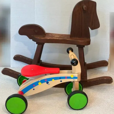 Vintage Solid Wood Rocking Horse + Wooden Toddler Bike 