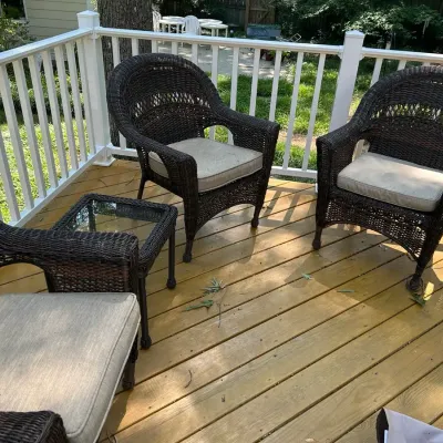 3 Faux Wicker Chairs W/ Cushions and Covers + Side Table 