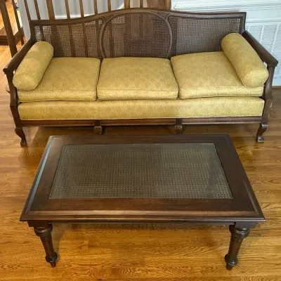 Vintage Cane-Back Settee + Bombay Coffee Table