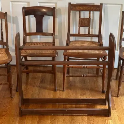 Antique Quilt Rack + Four Cane-Seat Chairs