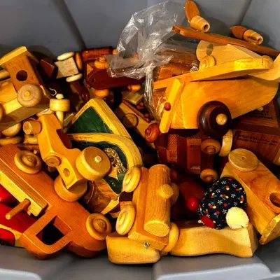 Mystery Tote Full Of Wooden Cars, Trains And Blocks
