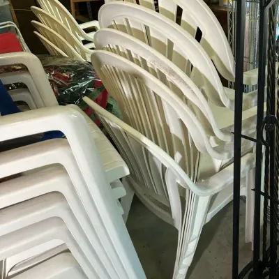 Group Of 16 White Resin Stacking Armchairs 