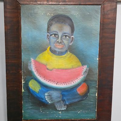 Sale Photo Thumbnail #184: Great early 1900s Black Americana Boy Holding Watermelon Painting