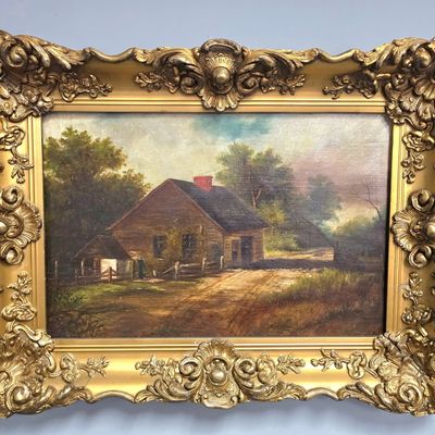 Sale Photo Thumbnail #296: Early American School Farmhouse Landscape Oil Painting