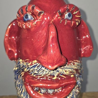 Sale Photo Thumbnail #275: Early Jerry Brown Red Folk Pottery Face Jug