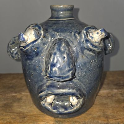 Sale Photo Thumbnail #272: Jerry Brown Blue Folk Pottery Face Jug
