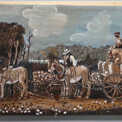 Sale Photo Thumbnail #213: Black Americana Hauling Cotton Folk Art Painting