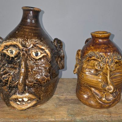 Sale Photo Thumbnail #292: Early W.T. McLennan Folk Pottery Face Jug Lot of 2
