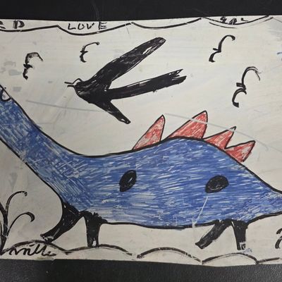Sale Photo Thumbnail #232: RA Miller Folk Art Dinosaur Painting on Tin